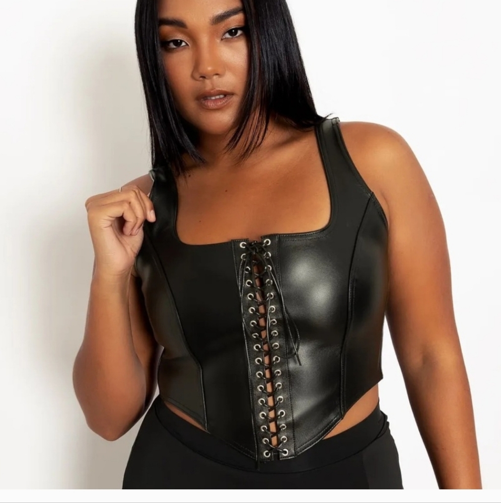 BlackMilk Black Lace-Up Faux Leather Corset Tank